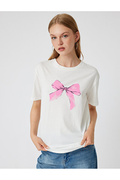 Koton Bow Printed Oversize T-shirt - Crew Neck, Short Sleeve