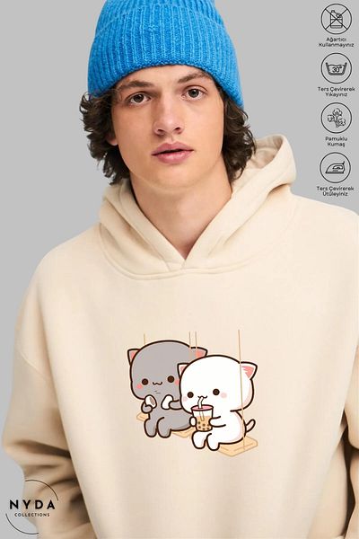 Nyda Collections Βαμβακερό Unisex Φούτερ με κουκούλα Oversize - Μακρυμάνικο, εμπριμέ