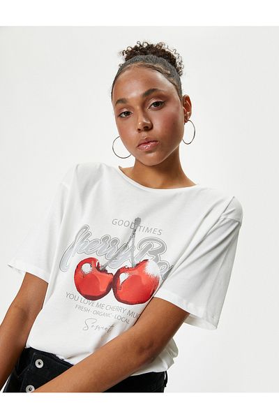 Koton Cotton Oversize Cherry Printed T-Shirt - Crew Neck, Short Sleeve