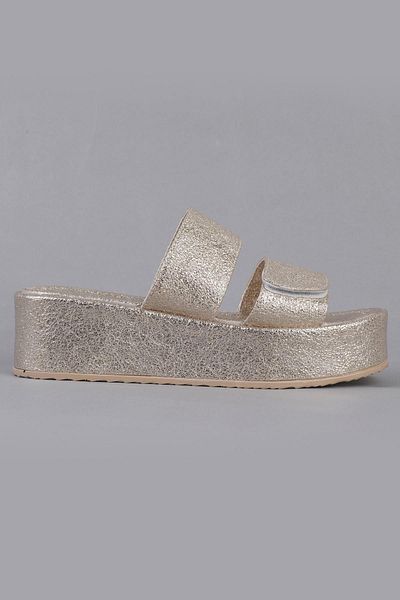 ShoeTek Fion Women's Slippers - Wedge Sole, Double Banded, Gold Wrinkled Leather