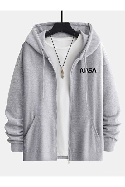 NO 601 Унісекс сіра куртка з принтом NASA та блискавкою