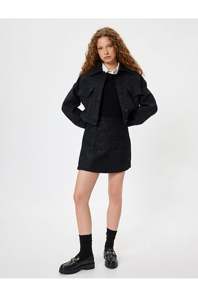 Koton Fusta scurtă Tweed Mini Slim Fit - Detaliată cu cusături, Talie standard