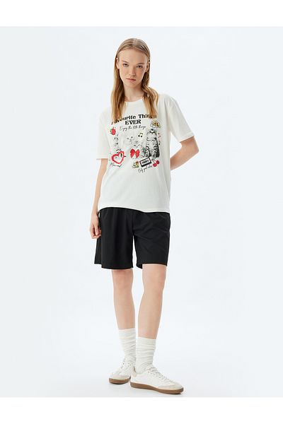 Koton Cat Printed Oversize Cotton T-Shirt - Crew Neck, Short Sleeve