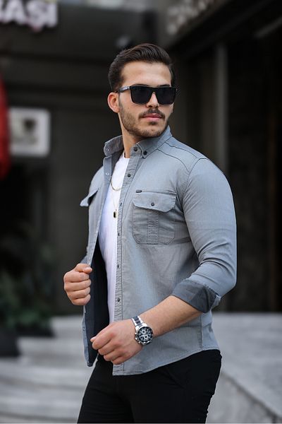 Mero Life Мъжка сива дънкова риза Slim Fit Slim Cut