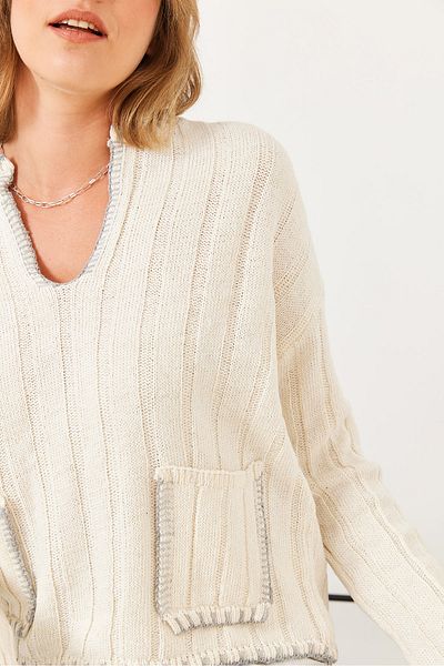 Bianco Lucci Damen-Strickpullover mit V-Ausschnitt, Shepherd-Nähten, Stickerei-Detail und Taschen 20247523