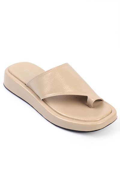 ShoeTek Beige Leather Marivya Women's Slippers - Flip Flops