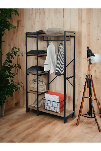 Bye Concept More Dekoratif Çok Amaçlı Metal Ayaklı Ahşap Raflı Elbise Askılık Ayakkabılık Portatif Portmanto Gardırop
