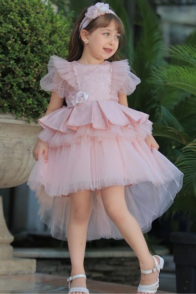 MİSS RAİN Sleeves Balloon Ruffle Vatka Look Skirt Layered Asymmetric Cut Red Girl's Gown Dress