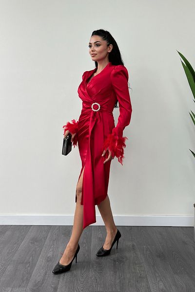 giyimmasalı Red Satin Pencil Dress - Otriş Detailed