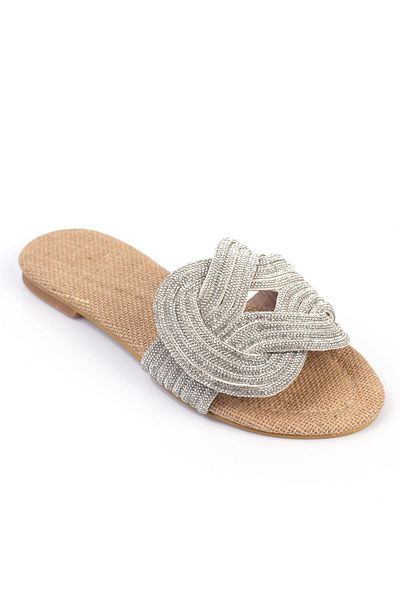 ShoeTek Anwen Women's Straw Slippers - Interlocking, Silver Stone and Ban