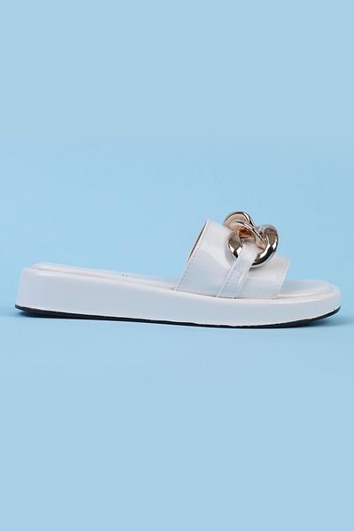ShoeTek Adreava White Leather Women's Slippers - Banded and Chained