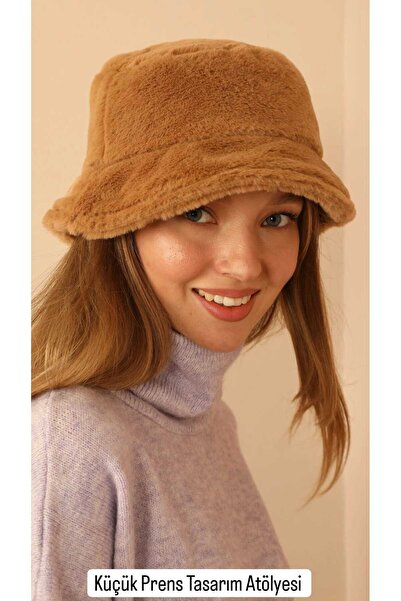 Yağmur قبعة شتوية نسائية باللون البني الكراميل دلو قطيفة لعيد الميلاد ورأس ال...