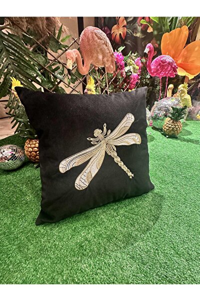 Dragonfly Embroidered Pillow Case Black - Gold - Ecru