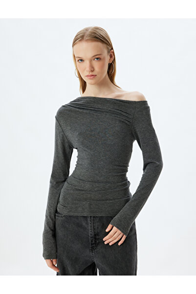Koton Long Sleeve DrAped Slim Fit Blouse - BoAt Neck, Off the Shoulder