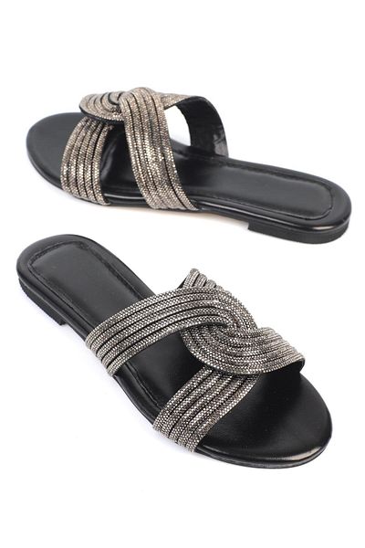 ShoeTek Γυναικείες Παντόφλες Stoned Black Leather Him - Cross Baned