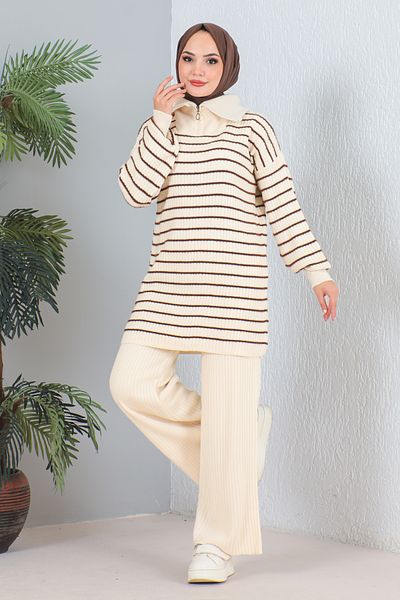 MODAQU Stone Colored Corded Knitwear Set - Zippered