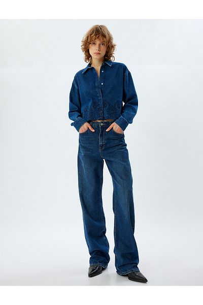 Koton Kt - Classic Collar Embroidered Denim Shirt Jacket
