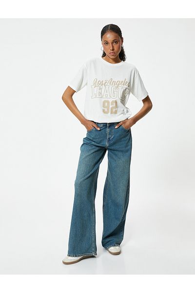 Koton College Printed Oversize Cotton T-Shirt - Crew Neck, Short Sleeve