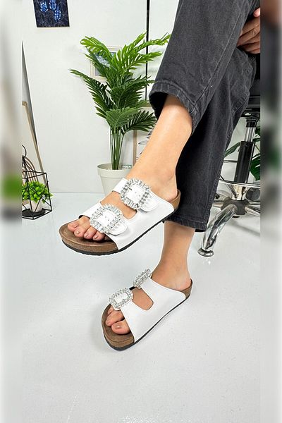 İmerShoes Papuci de damă cu bandă dublă, cu cataramă dublă, cu talpă din plută - 123
