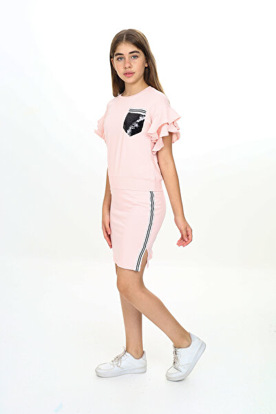 Toontoy Girl's Pocket Sequin Embroidered Skirt Striped Set