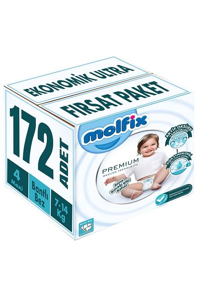 Molfix Premium Baby Diaper Size:4 (7-14kg) Maxi 172 Pieces Economic Ultra Opportunity Package