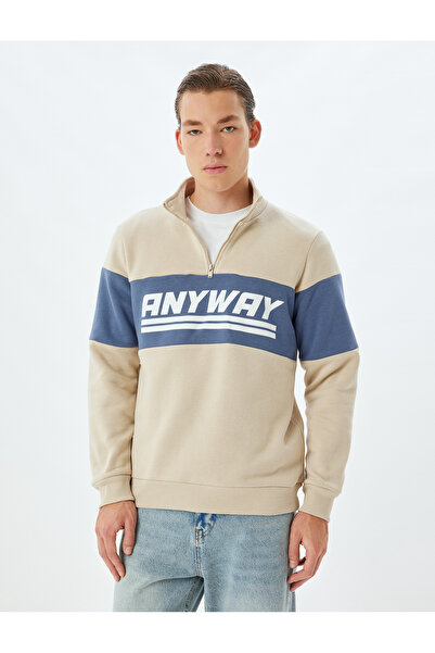 Koton Color Blocked Slogan Printed Cotton Blend - Half Zipper Raster Sweatshirt