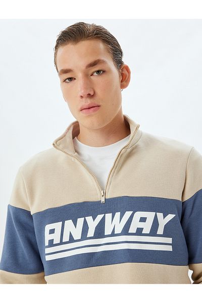 Koton Color Block Slogan Printed Cotton Blend - Φούτερ με μισό φερμουάρ