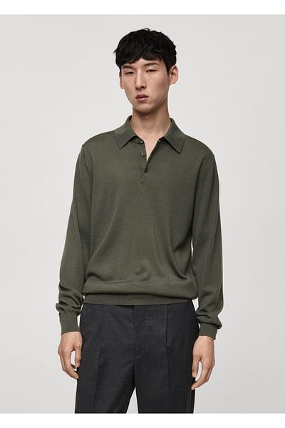 MANGO Man Tricou polo cu mânecă lungă din lână merinos 100%.