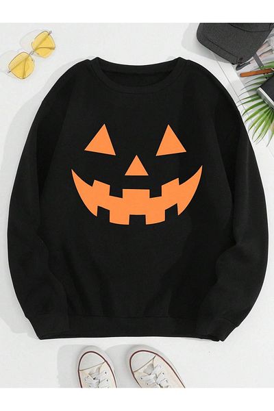 Pink Sky Halloween Smiling Face Printed Black Oversize Sweatshirt