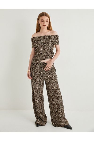 Koton Μπλούζα με κοντό μανίκι Leopard Print Draped Slim Fit - Boat Neck