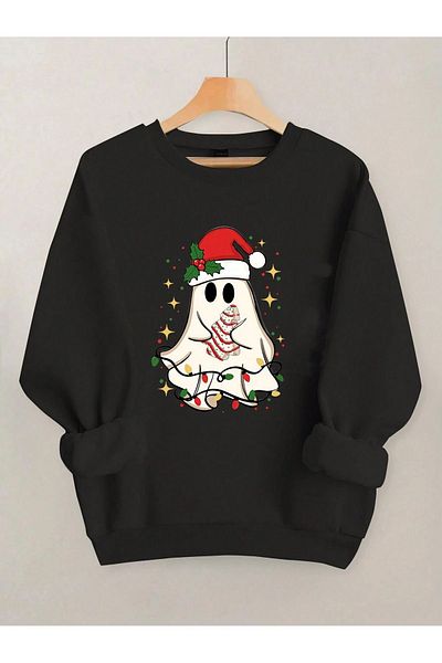Pink Sky Christmas Ghost Printed Black Oversize Sweatshirt