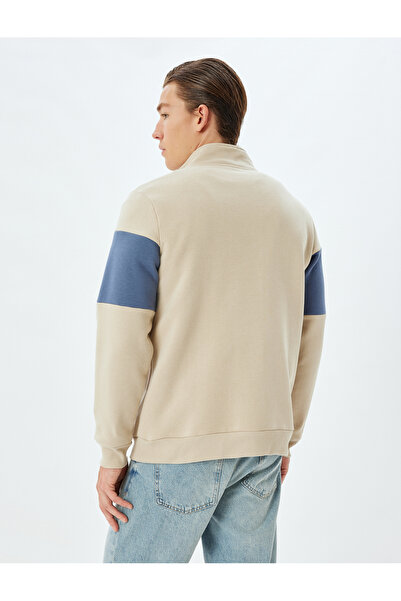 Koton Color Blocked Slogan Printed Cotton Blend - Half Zipper Raster Sweatshirt