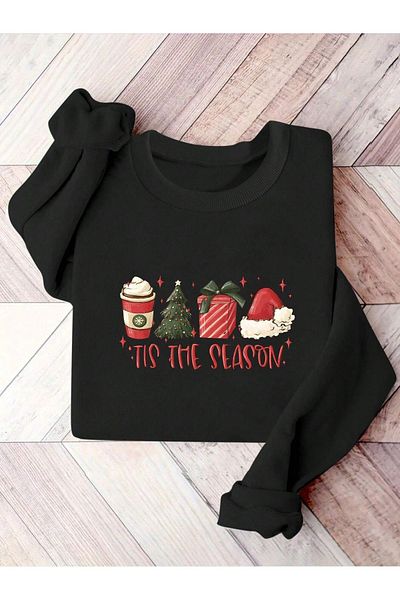 Pink Sky Christmas Ths the Season Printed Black Oversize Sweatshirt