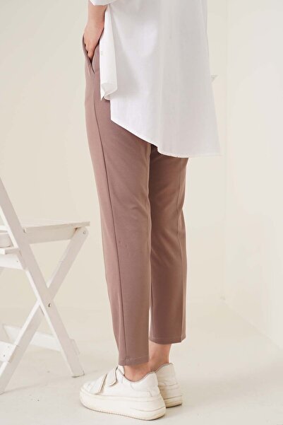 asilmoda Pantaloni bej-gri cu picior subțire, cu detaliu de frânghie și talie elastică