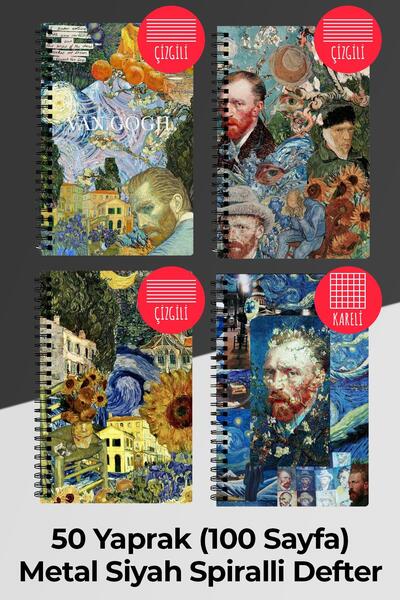 Anime Marketi مجموعة فنسنت فان جوخ مكونة من 4 دفاتر مدرسية حلزونية مقاس A5، 50 ورقة و100 صفحة - مسطرة