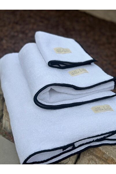 Stella Belli 100% бавовняний набір з 3 рушників для ванної кімнати, готелю, пляжу | Білий колір | Soura | Край чорний, спеціальна обробка