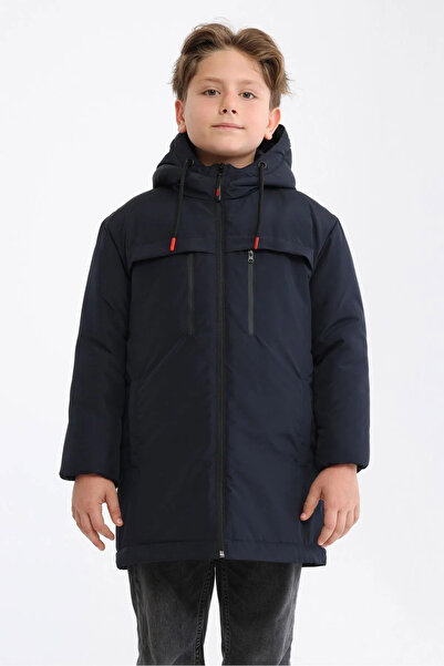QAWWA Erkek Çocuk Lacivert Elyaflı Kapüşonlu Rüzgar Geçirmez Şişme Kışlık Mont