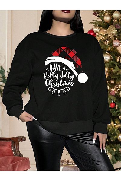 Pink Sky Have a Happy Christmas Printed Black Oversize Sweatshirt