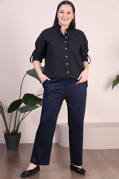 Ferace Navy Blue Large Size Lycra Elastic Waist Seasonal Trousers