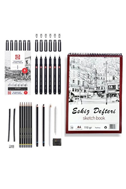 Talens Teknik Çizim Kalem Seti Pigment Fineliner 6'lı Siyah ve Eskiz Kara Kalem seti ve Eskiz Defteri a4