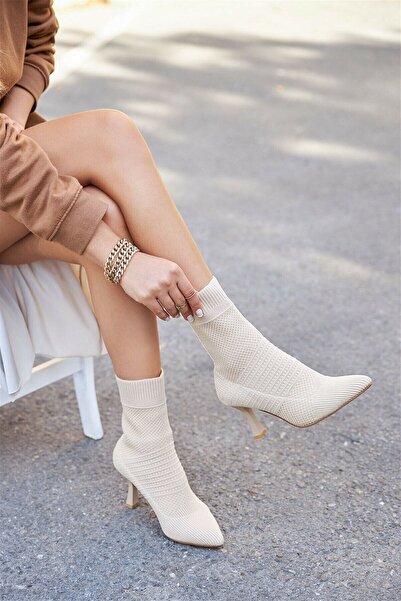 Nstil Kadın Sivri Burun Çizgili Örgü Triko Bot İnce Topuklu Ayakkabı Çorap Şeritli Bağcıksız 169