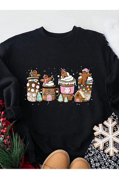 Pink Sky Christmas Cups Printed Black Oversize Sweatshirt