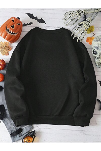 Pink Sky Halloween Ghost Printed Black Oversize Sweatshirt