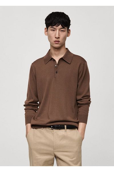 MANGO Man Μακρυμάνικο μπλουζάκι πόλο από 100% μαλλί Merino