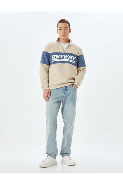 Koton Color Block Slogan Printed Cotton Blend - Φούτερ με μισό φερμουάρ