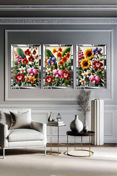 avm19 Set de 3 picturi cu flori vesele în cadru din plexiglas
