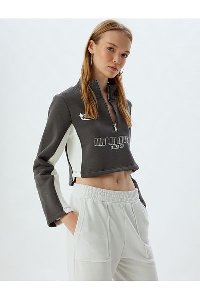 Koton Slogan Printed Crop Sweatshirt - Half Zipper, Stand Collar, Raised