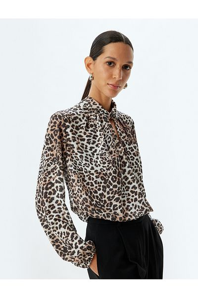 Koton Leopard Print Lightweight Blouse - Stand Collar and Window Detail, Long Sleeve