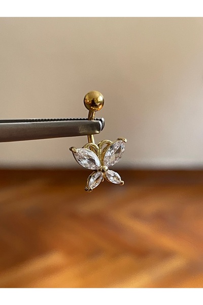 Rupen Kraft 316 L Cerrahi Çelik Baget Taşlı Kelebek Göbek Piercingİ Baget Taşlı Kelebek Piercing