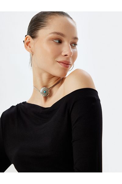 Koton Asymmetric Collar and Draped Viscose Slim Fit Long Sleeve T-shirt